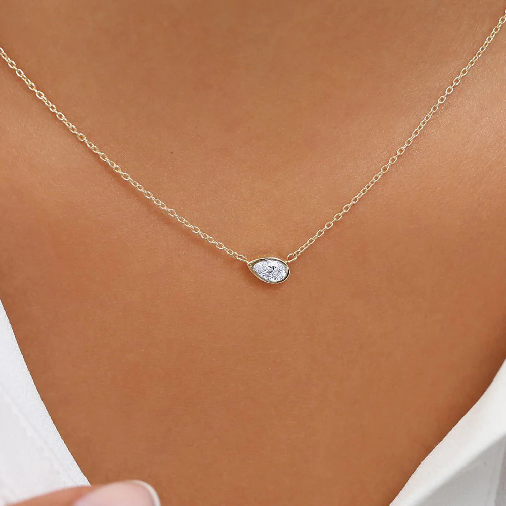 Solid Gold Horizontal Pear Shape Diamond Solitaire Necklace