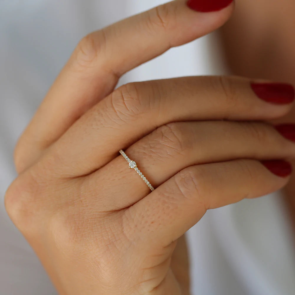 Solid Gold Minimalist Pave Diamond Stacking Ring