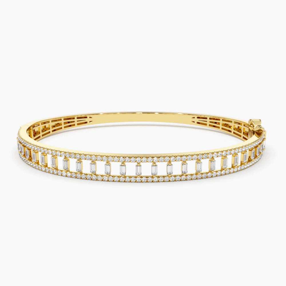 Solid Gold Baguette & Round Diamond Bangle Bracelet