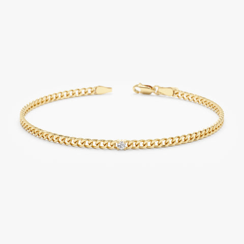 Solid Gold Single Diamond Cuban Chain Bracelet