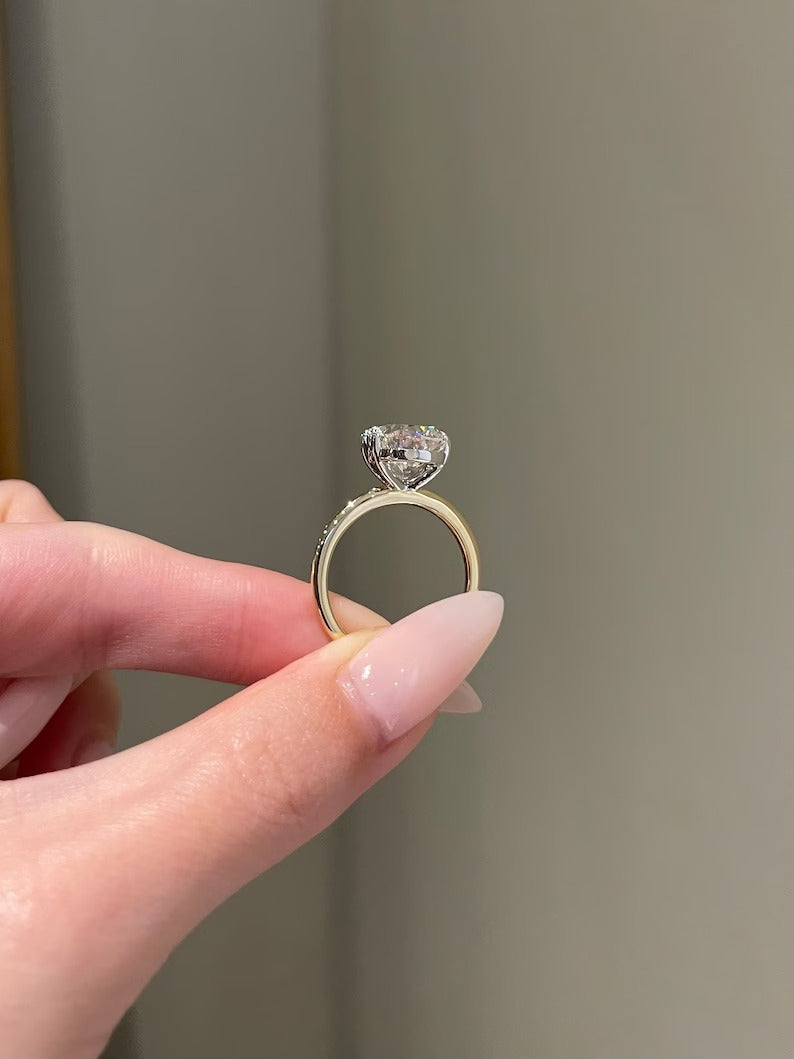 Solid Gold 6 Carat Brilliant E Cushion Cut Moissanite Engagement Ring