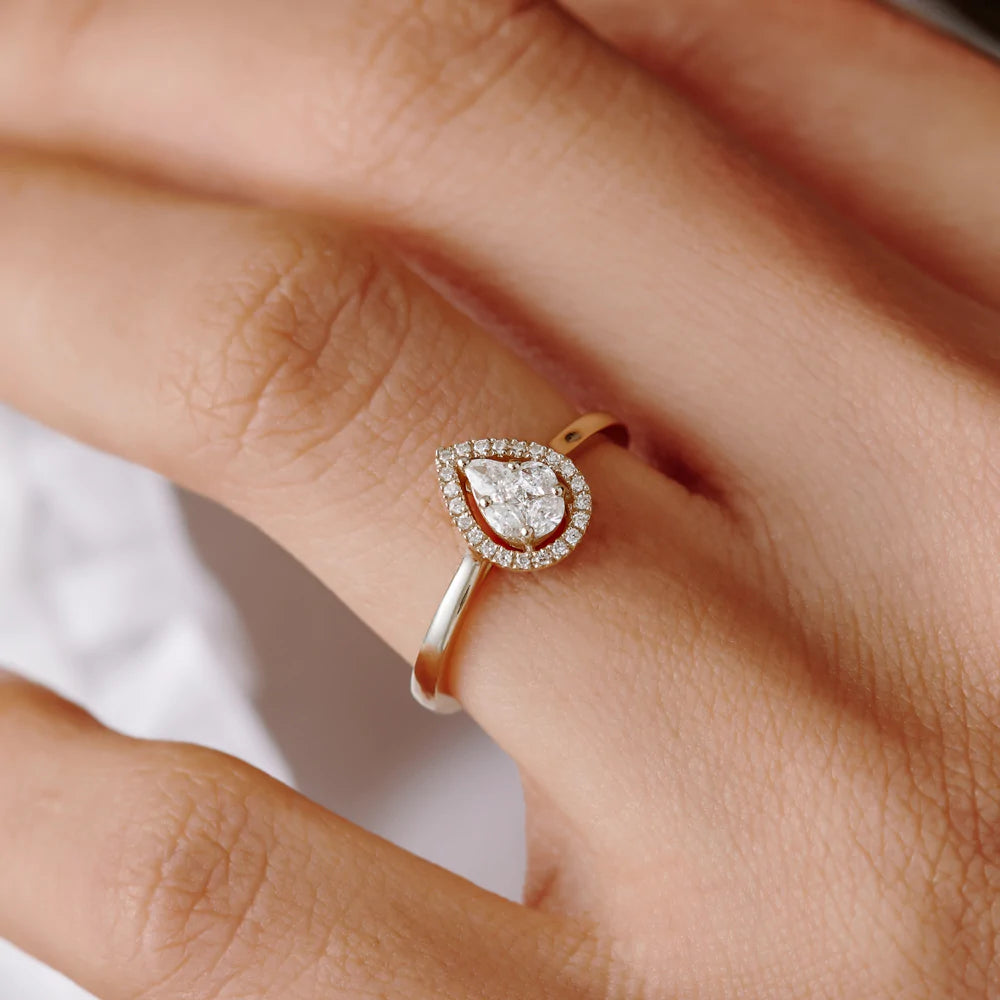 Solid Gold Illusion Set Pear Shape Engagement Ring
