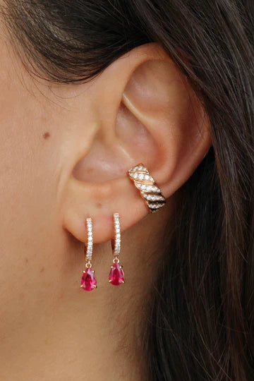 Solid Gold luxurious Diamond Hoops featuring Pear Drop and Pink Sapphire