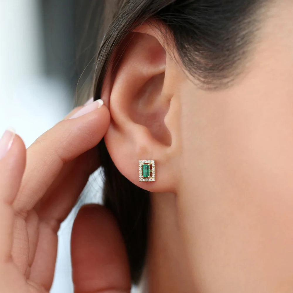 Solid Gold Emerald Baguettes and Halo Lab-Grown Diamond Earrings