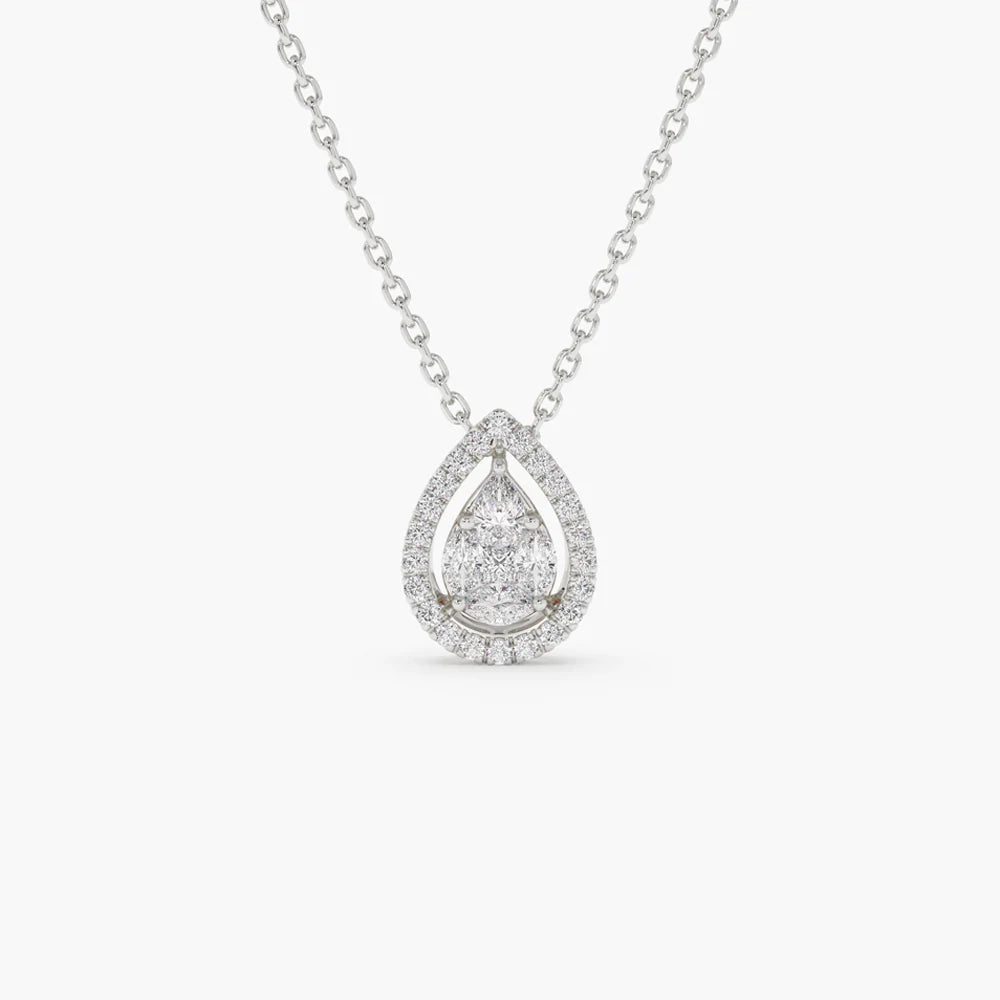 Solid Gold Pear Shaped Illusion Setting Halo Diamond Necklace