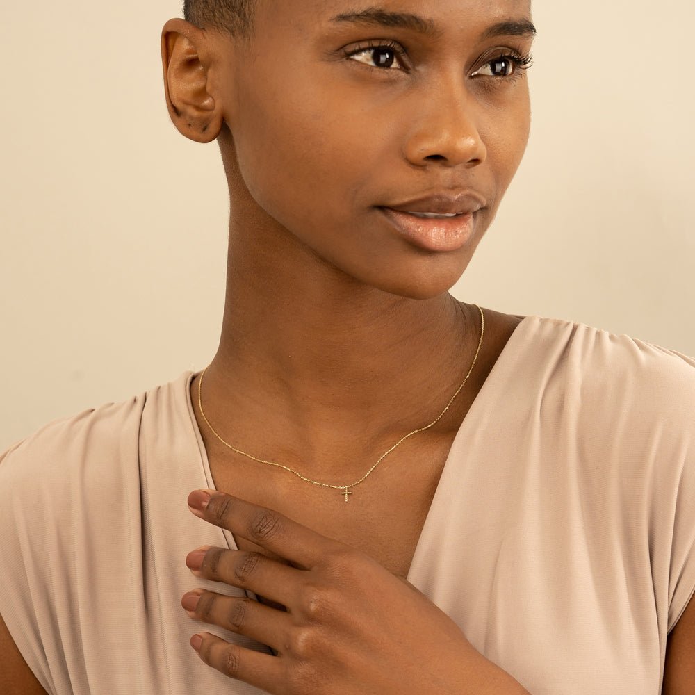 Solid Gold Beaded Cross Necklace (58B284)