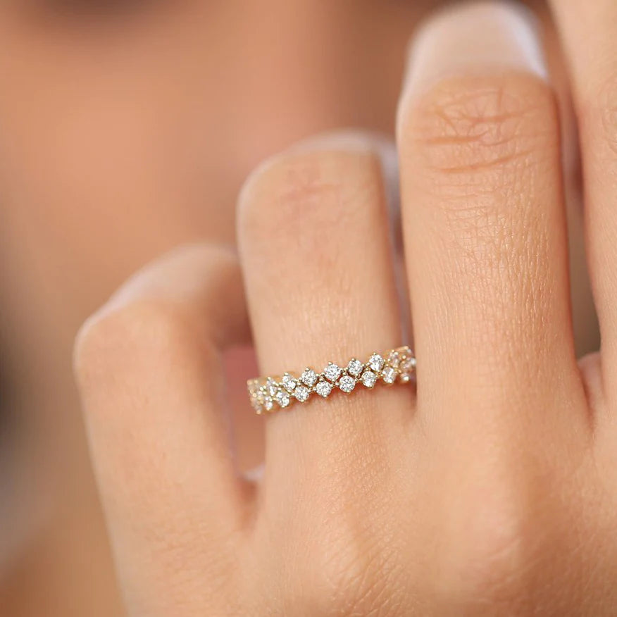 Solid Gold Double Row Prong Setting Diamond Wedding Band