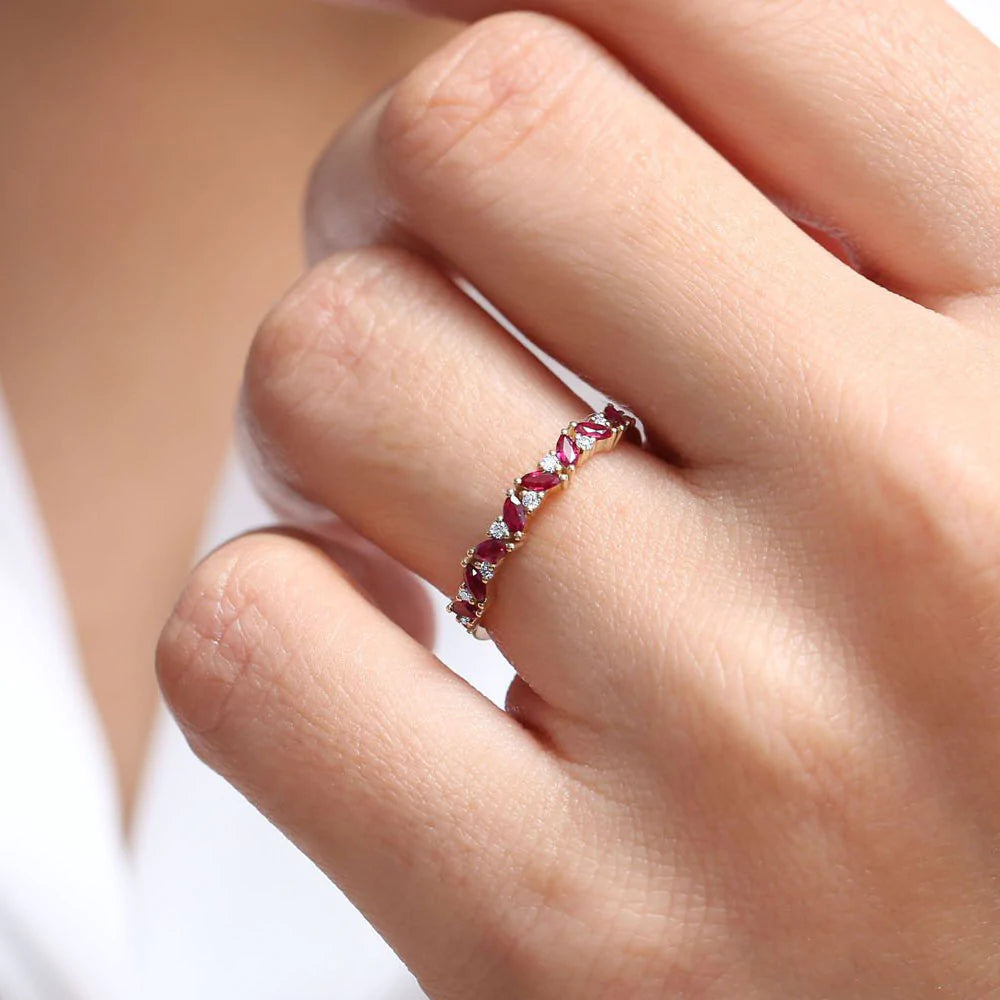 Solid Gold Slanted Ruby and Round Diamond Ring