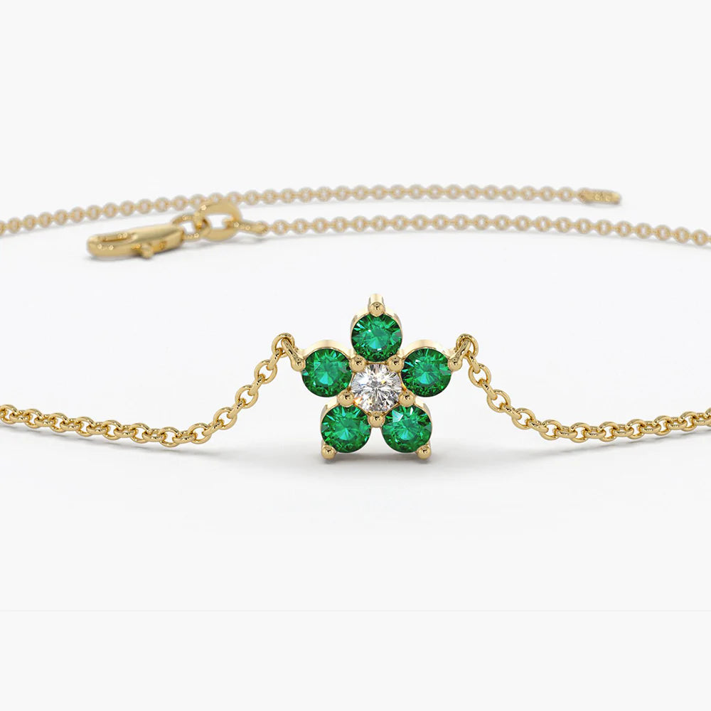 Solid Gold Emerald and Diamond Flower Charm Bracelet