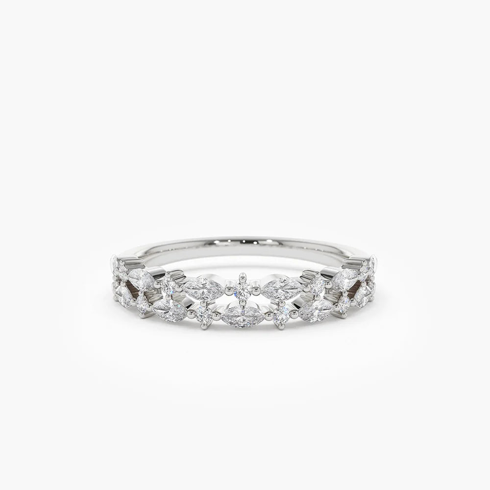 Solid Gold Double Row Alternating Marquise Round Diamond Ring