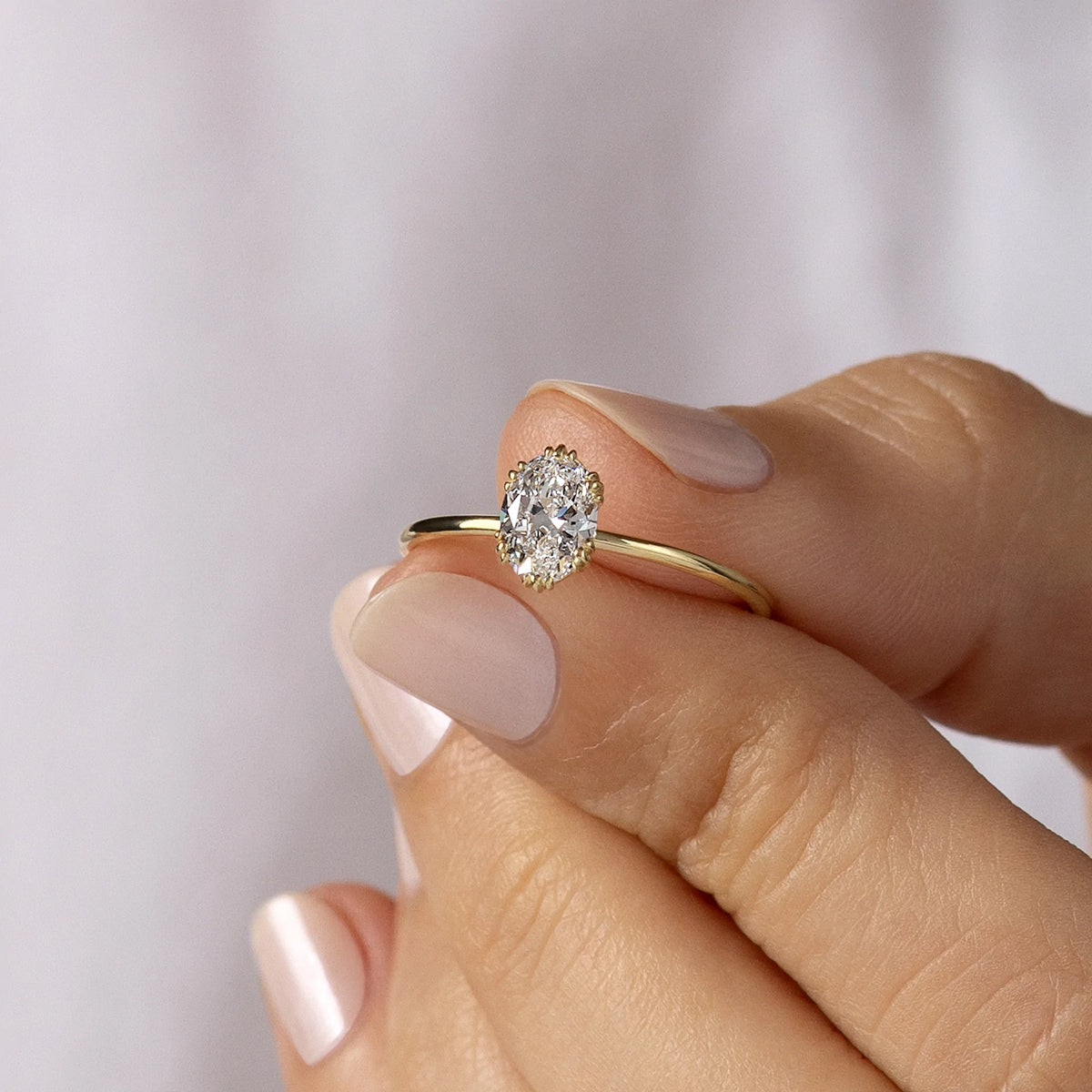 Solid Gold Threaded Ring, Oval Cut Moissanite Diamond