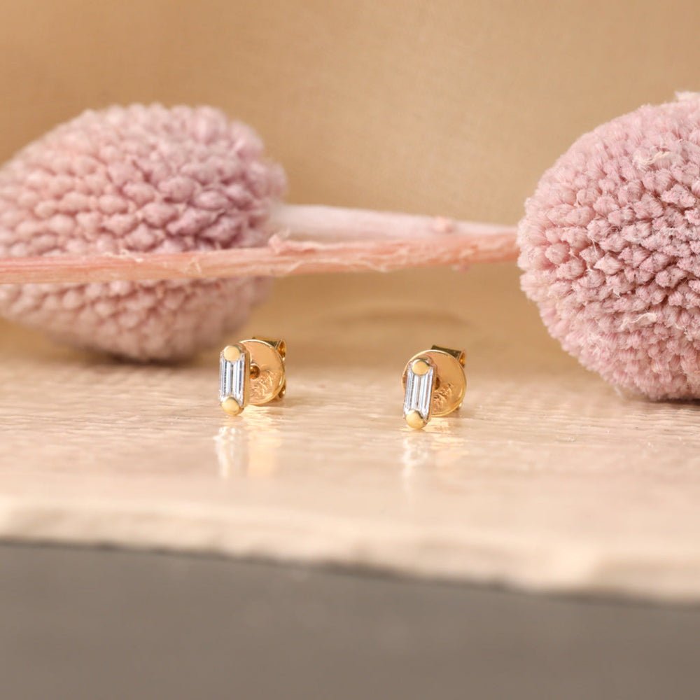 14K Solid Gold Baguette Diamond Studs - Style B
