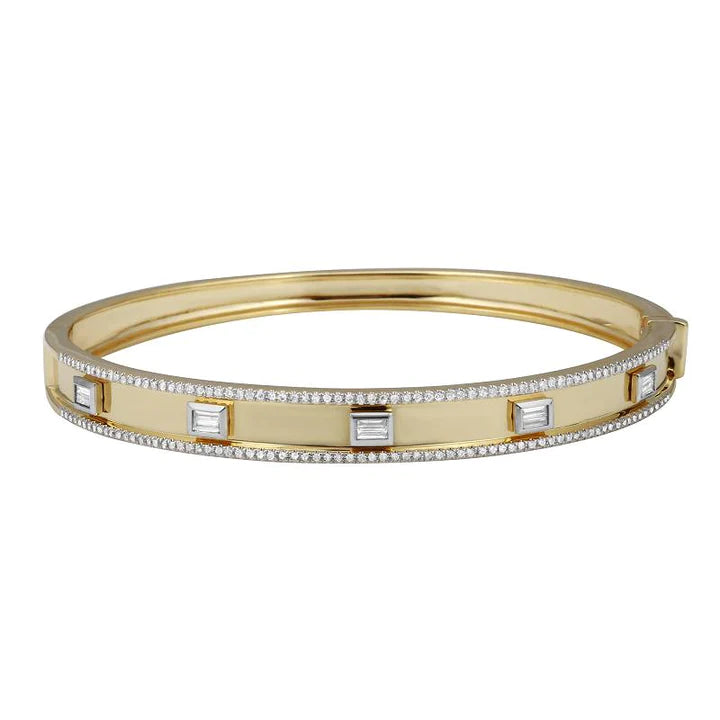 Solid Gold Baguette Diamond Cigar Band Bangle