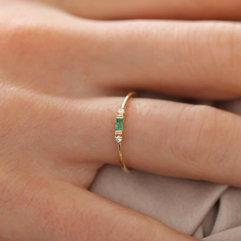 Solid Gold Baguette Emerald with Diamond Ring