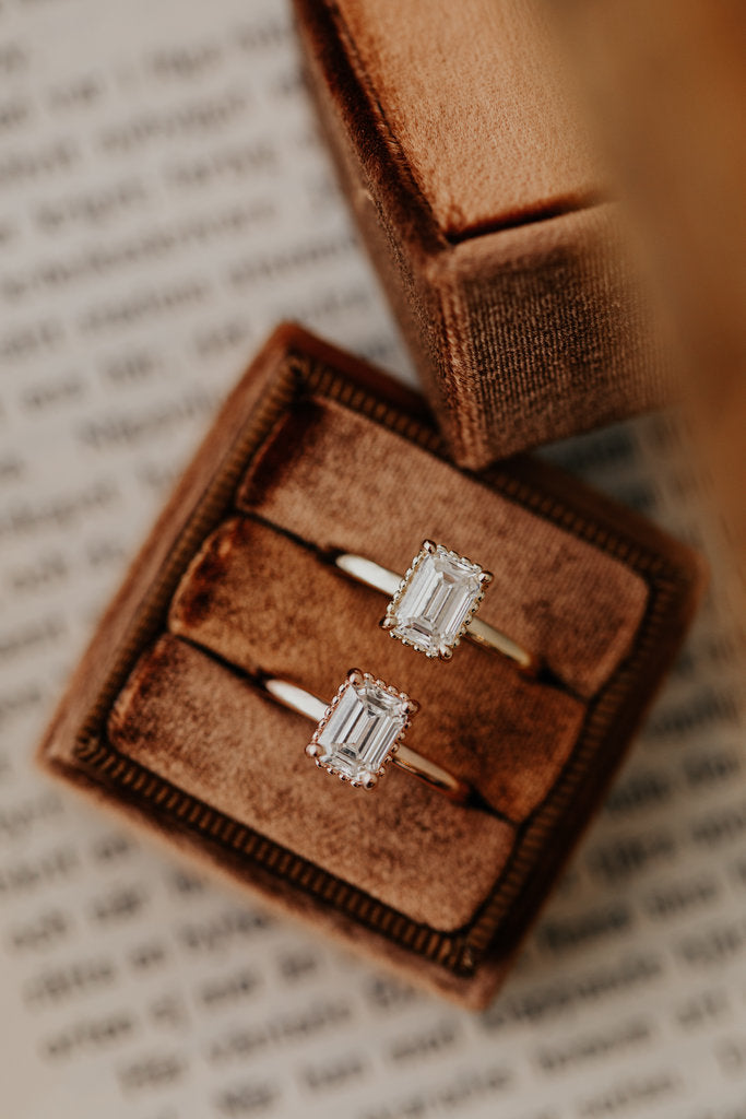 Solid Gold Emerald Cut Lab-Grown Diamond Beaded Head Solitaire Ring