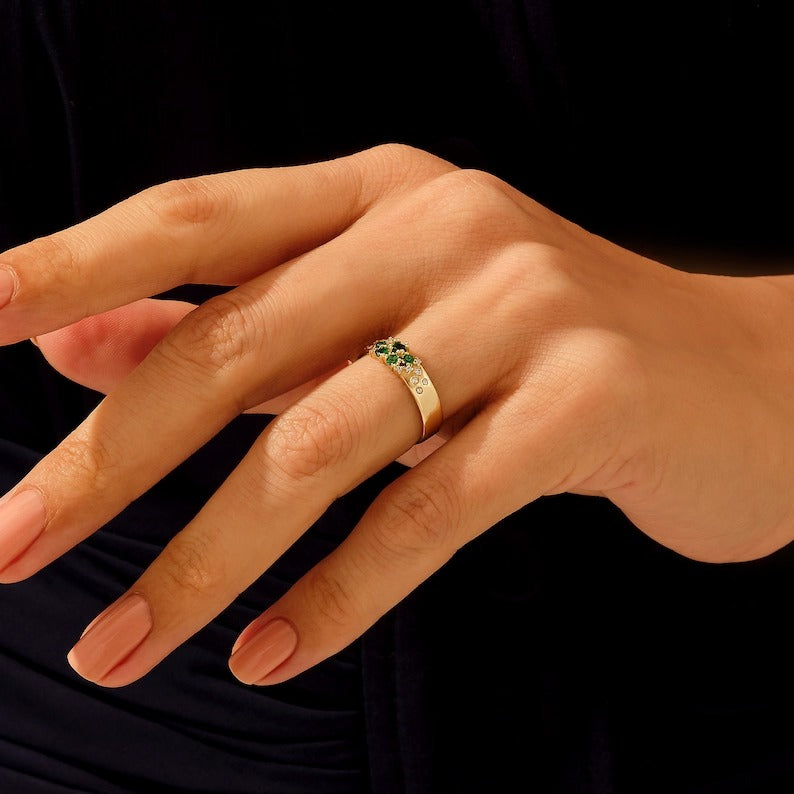 Solid Gold Emerald Cluster Band Ring