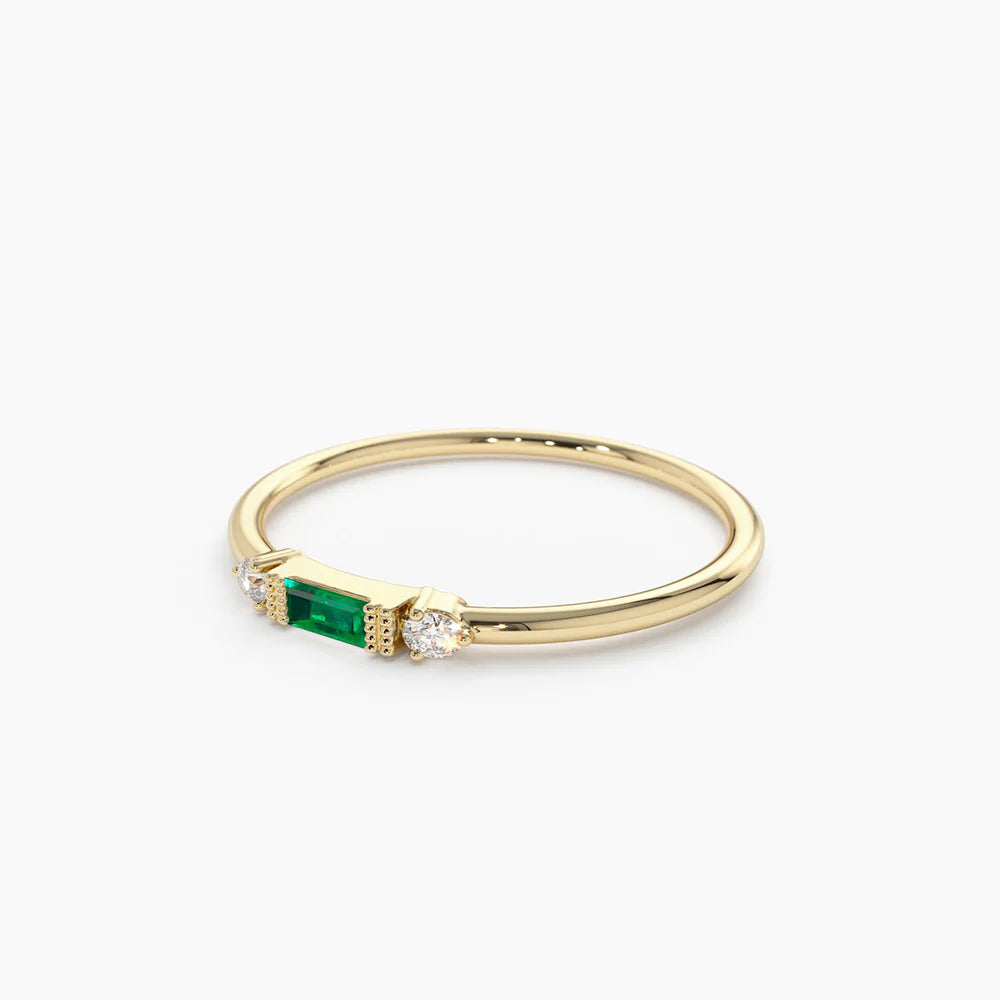 Solid Gold Baguette Emerald with Diamond Ring