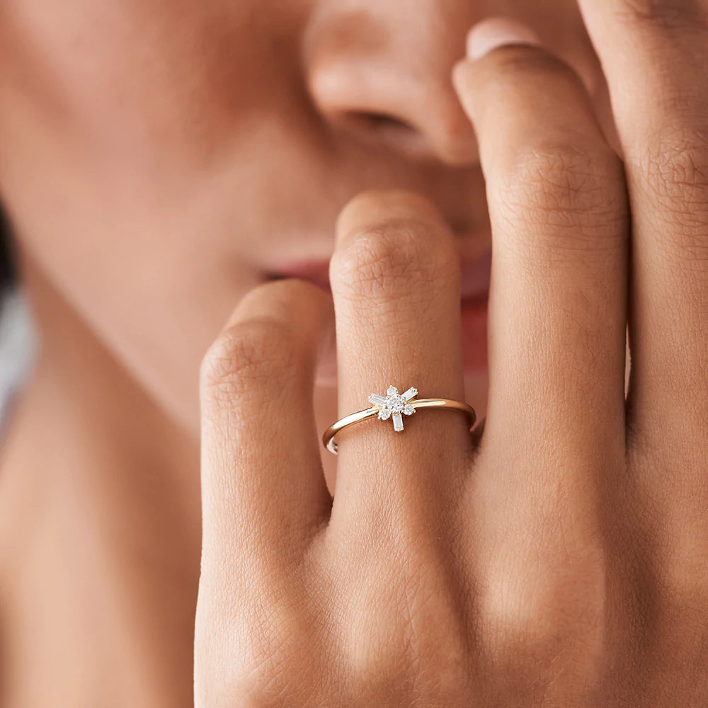 Solid Gold Triangle Shape Baguette & Round Diamond Stacking Ring