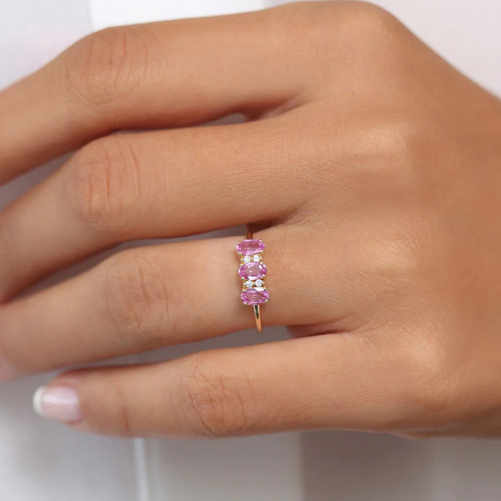 Oval Genuine Pink Sapphire and Moissanite Ring – 0.05ct Total, 1.3MM Band, photo 2