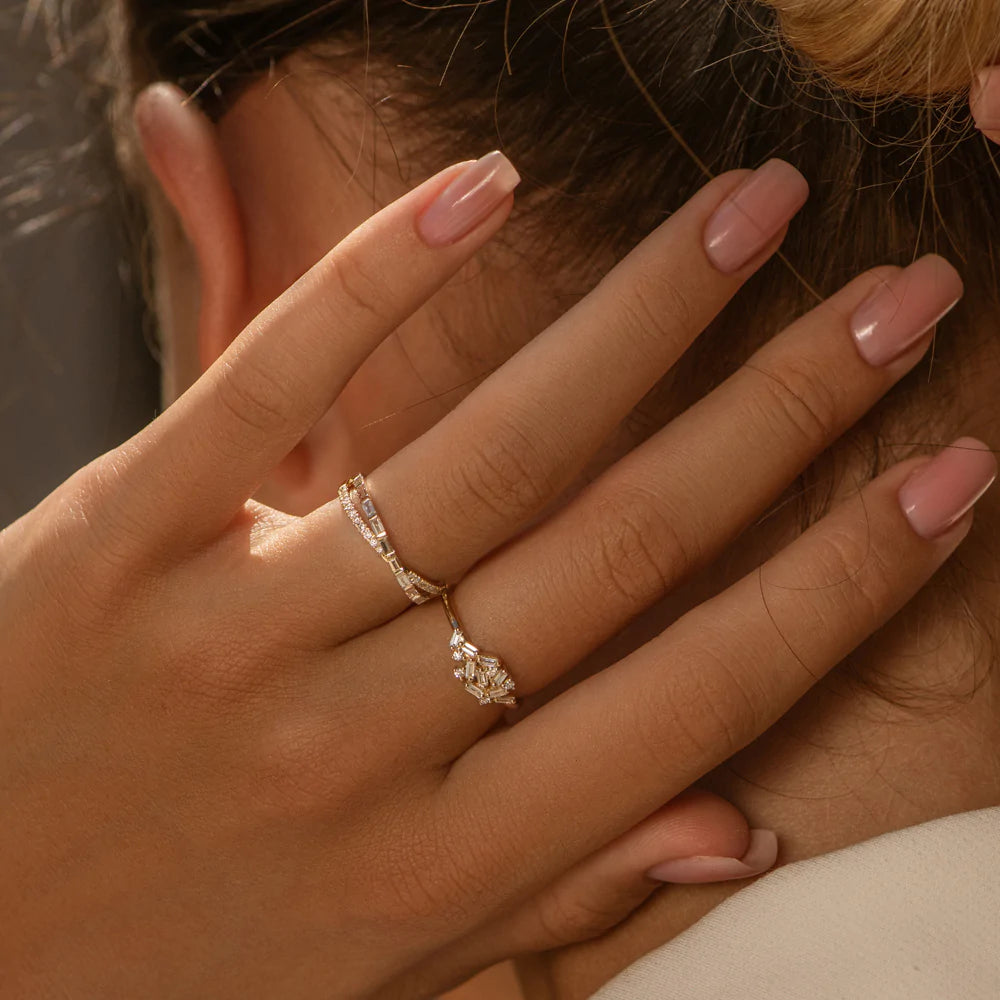 Solid Gold Mix Baguette and Round Diamond Crossover Ring