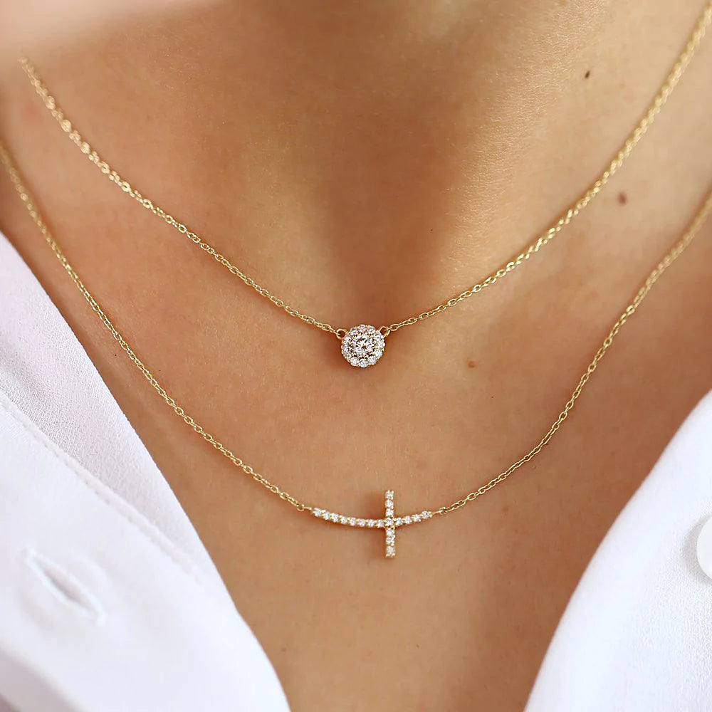 Solid Gold Halo Diamond Necklace