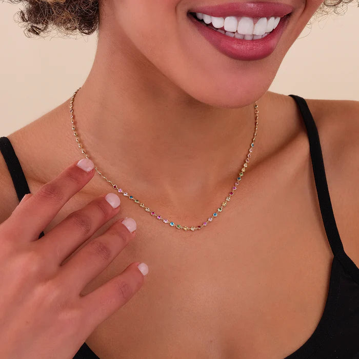 Solid Gold Rainbow Sapphire Bezel Necklace | Multi-Color Gemstone