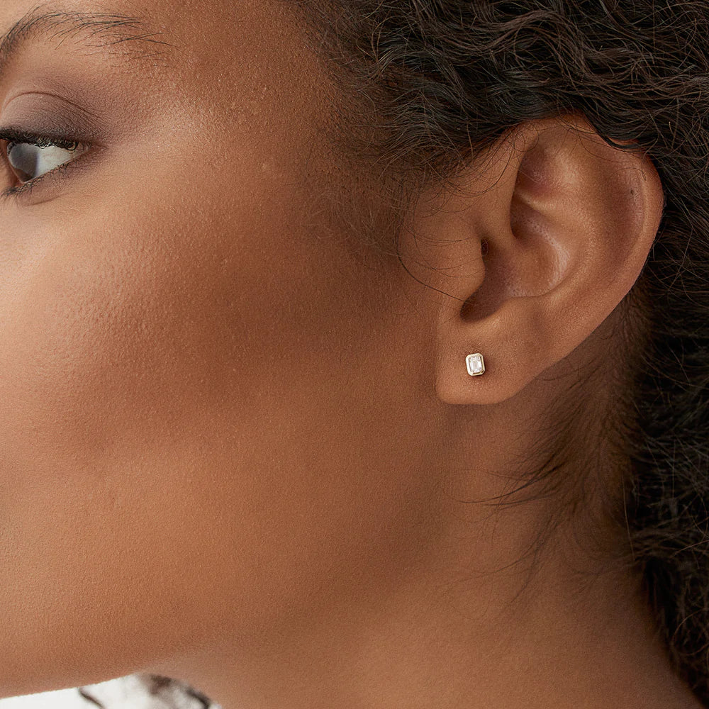 Solid Gold Emerald Cut Bezel Setting Stud Earring