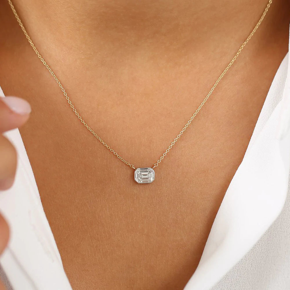 Solid Gold Illusion Setting Step Cut Mosaic Diamond Necklace