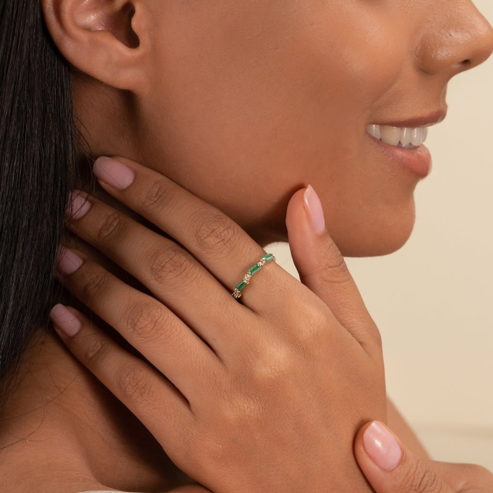 18K Solid Gold Diamond and Baguette Emerald Ring - Style B