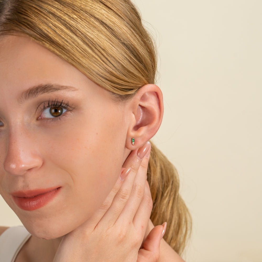 Solid Gold Baguette Emerald and Diamond Studs