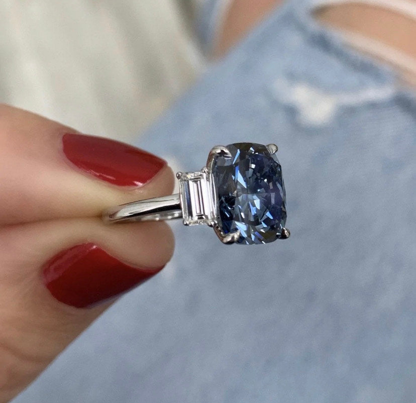 14K Solid Gold Blue Diamond Engagement Ring