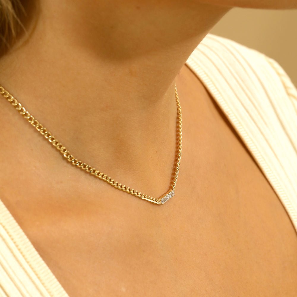 Solid Gold Diamond Bar Cuban Chain Necklace (5FEDB4)