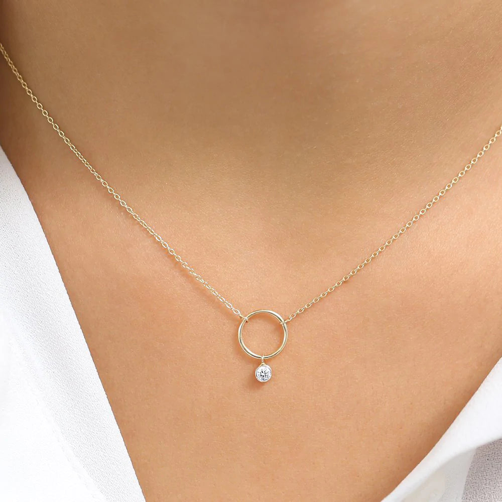Solid Gold Circle Necklace with Bezel Set Diamond