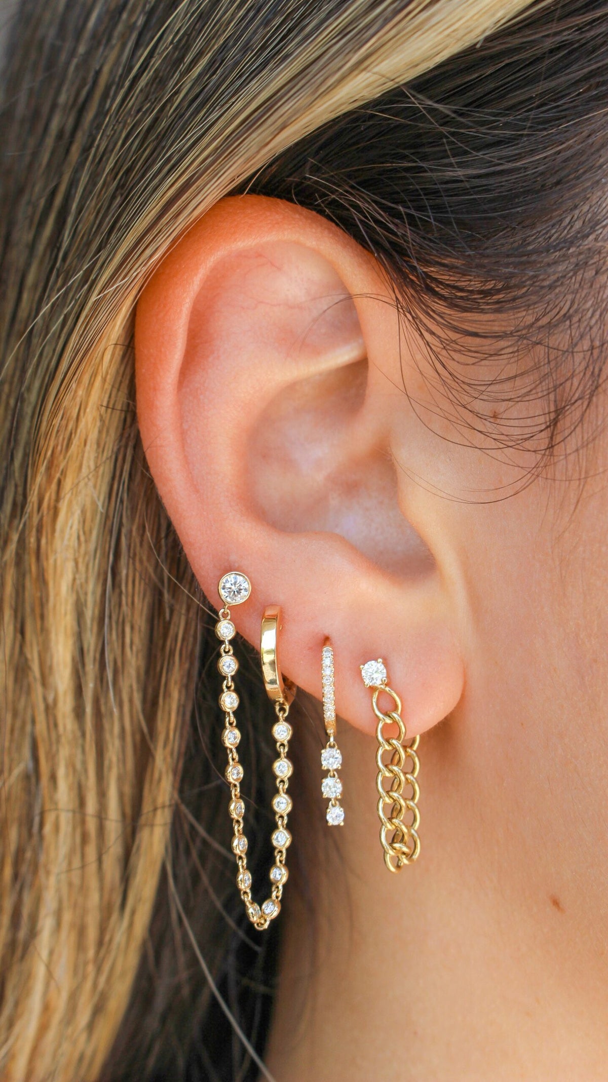 Solid Gold Hoop To Stud Bezel Diamond Connecting Earring (DE2D14)