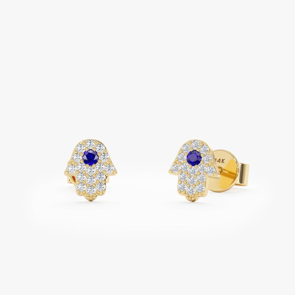 Solid Gold Diamond Sapphire Hamsa Studs