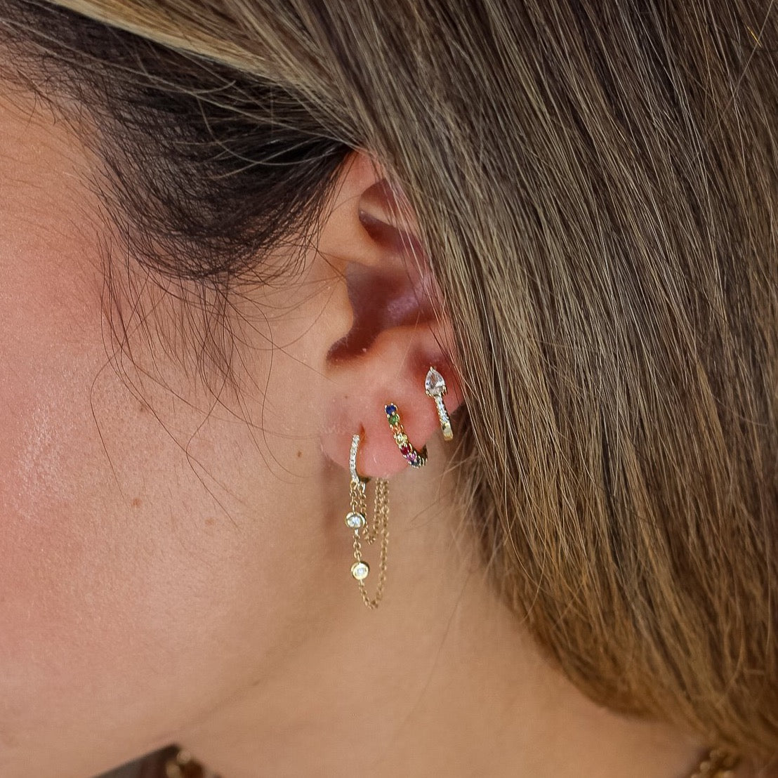 Solid Gold Diamond Bezel Double Loop Hoop Earring