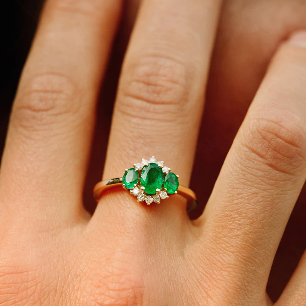 Solid Gold Three Stone Emerald Cluster Ring