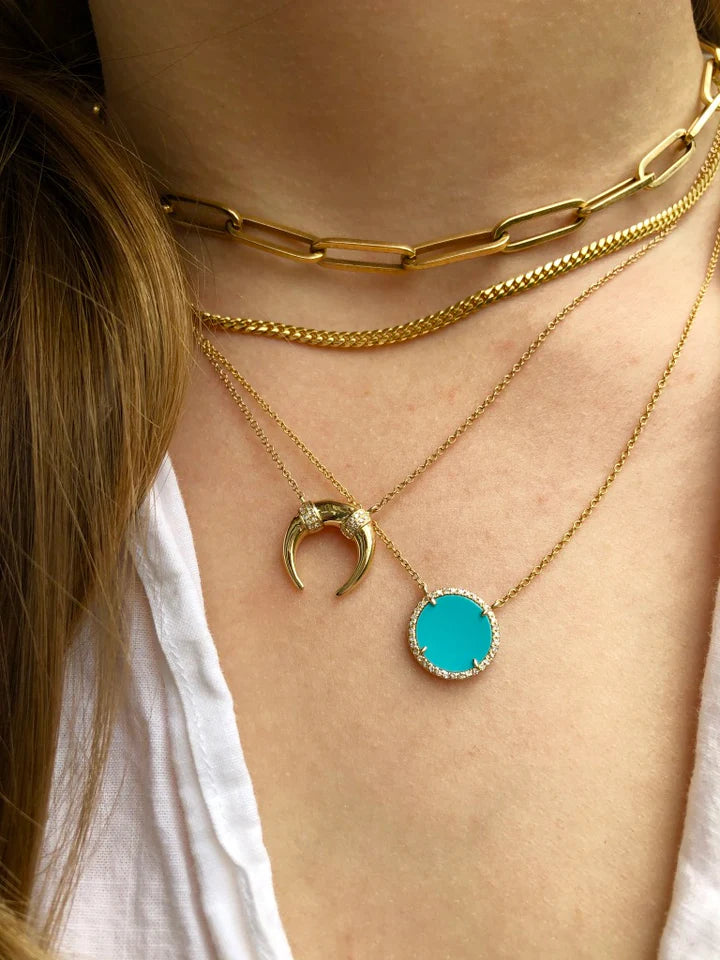 Solid Gold Turquoise And Diamond Round Pendant