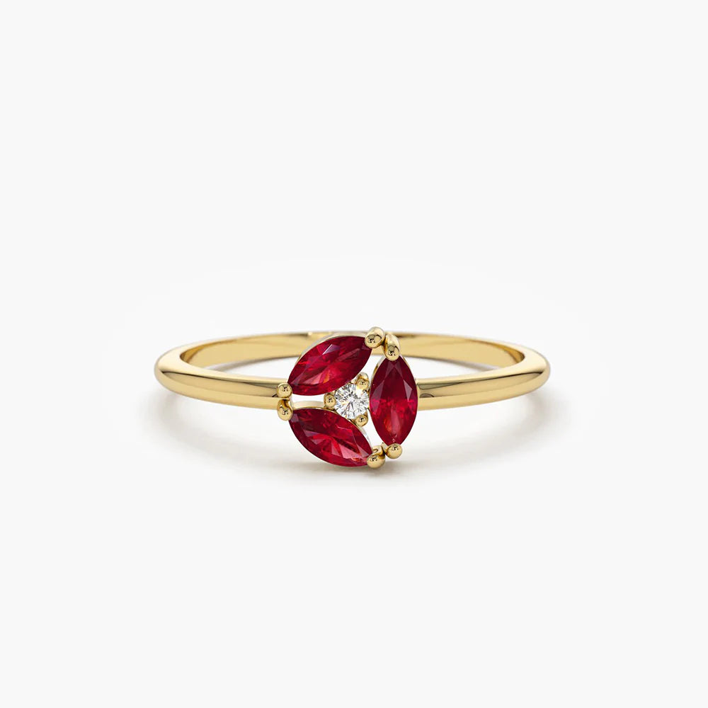 Solid Gold Ruby Cluster Diamond Ring