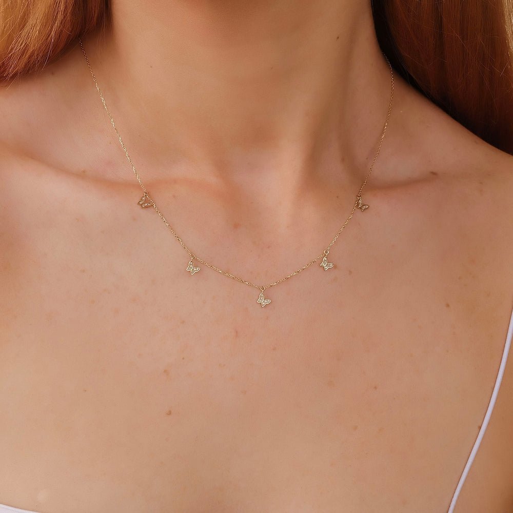 Solid Gold Diamond Butterfly Drop Necklace (A3E1FA)