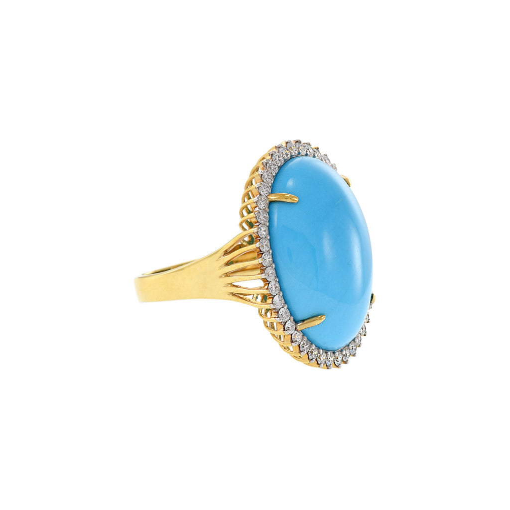 Solid Gold Natural Sleeping Beauty Turquoise Ring with Diamonds - (666EF9)