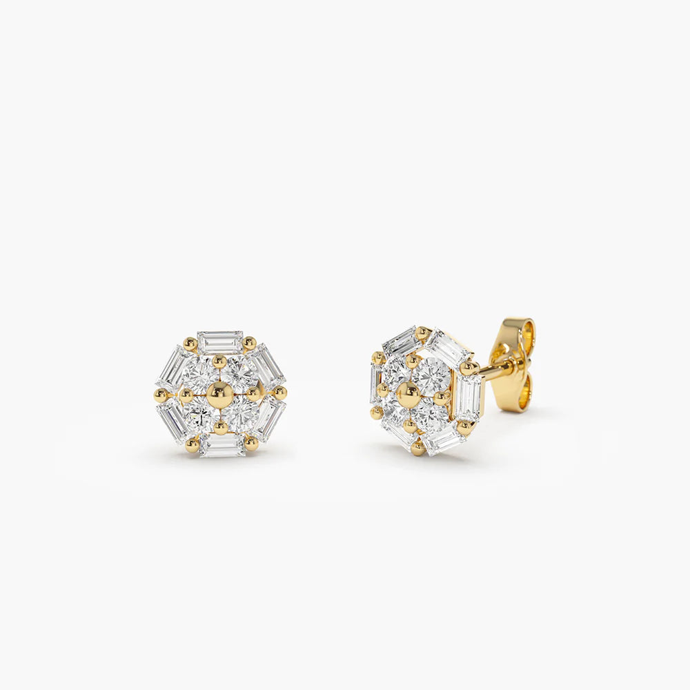 Solid Gold Baguette and Round Diamond Cluster Studs