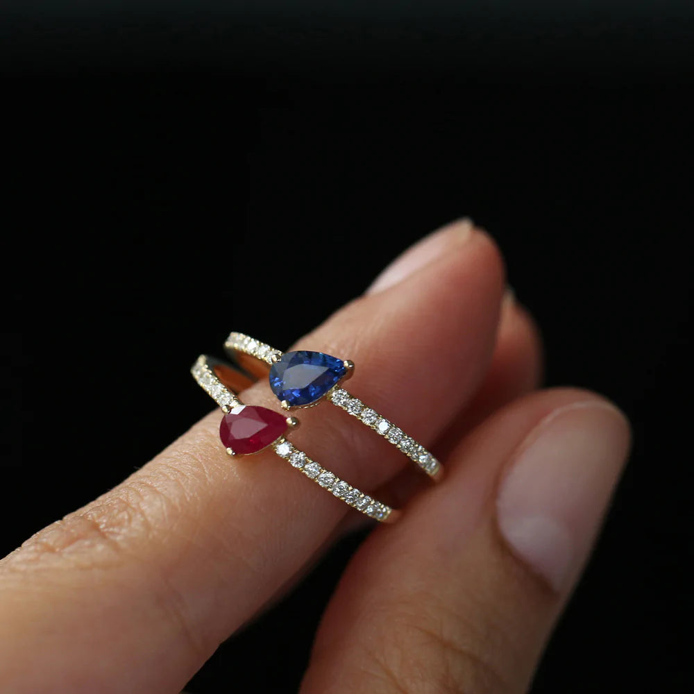 Solid Gold Slanted Pear Shape Sapphire Ring with Pave Diamonds