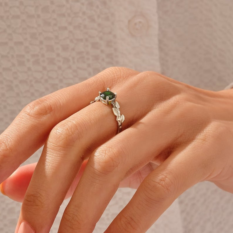 Solid Gold Emerald Solitaire Leaf Ring