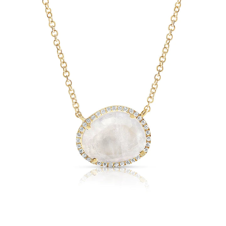 Solid Gold Moonstone Pendant Necklace With Pave Diamond Surround