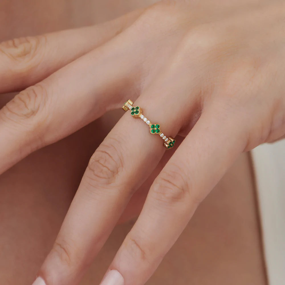Solid Gold Full Eternity Clover Emerald and Diamond Ring