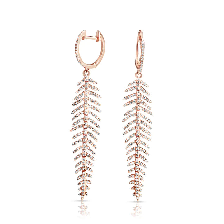 Solid Gold Diamond Feather Drop Earrings