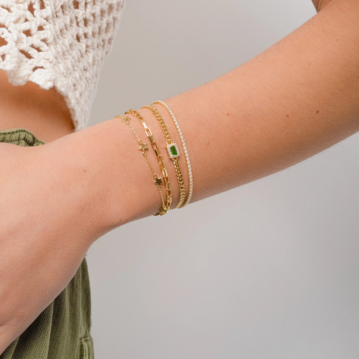 Solid Gold Emerald and Diamond Cuban Bracelet