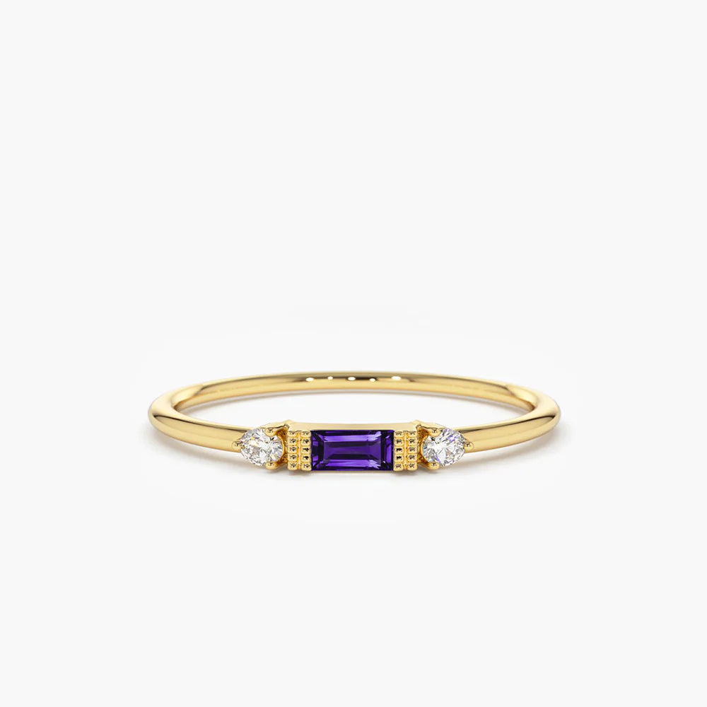 Solid Gold Baguette Amethyst With Diamond Ring
