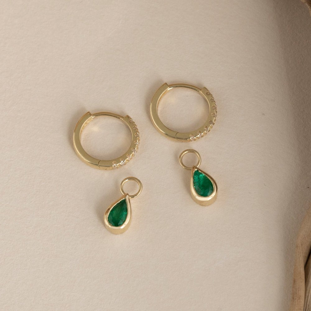 Solid Gold Pear-Cut Emerald Charm Huggies
